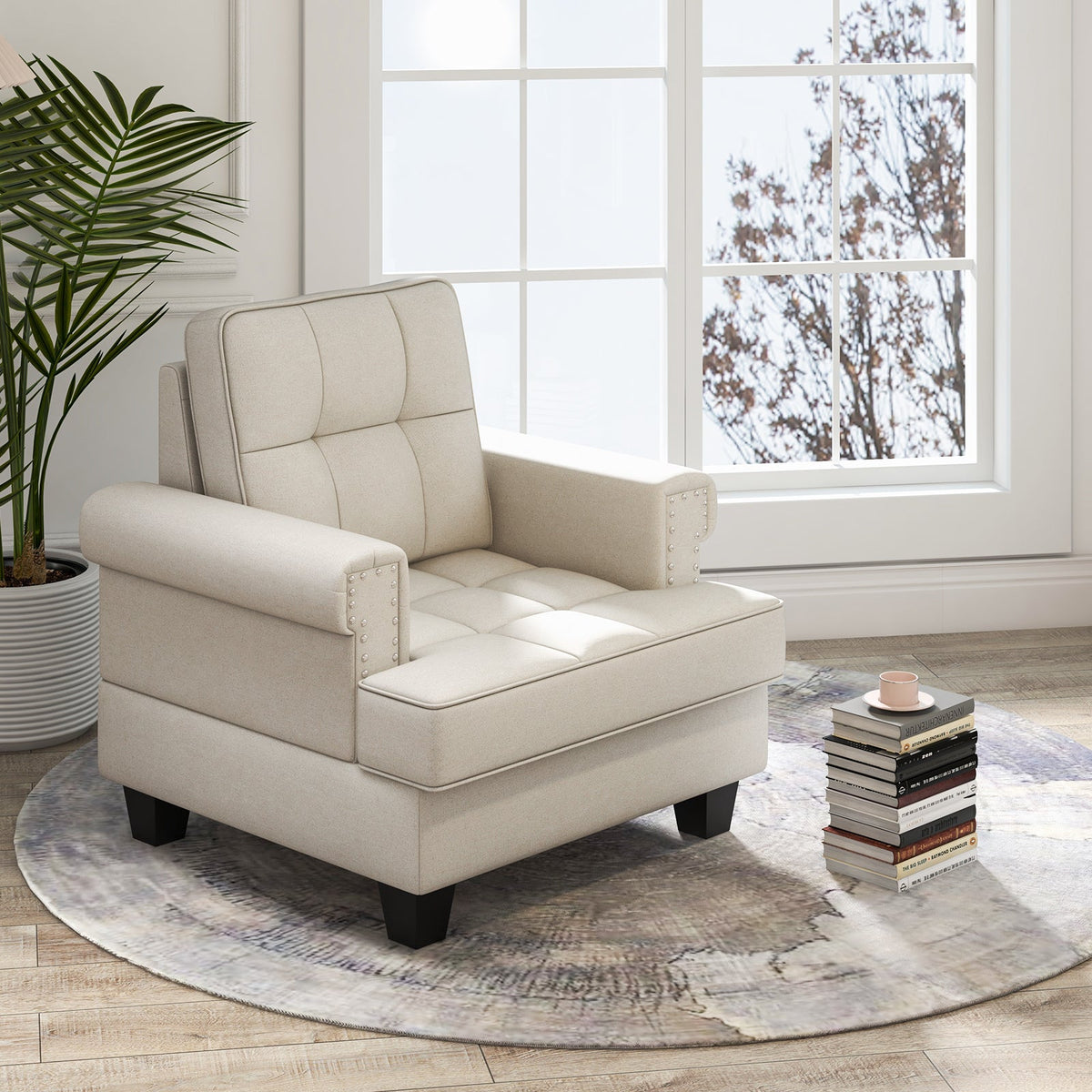 Mid-century Modern Accent Armchair Tufted Linen Club Chair