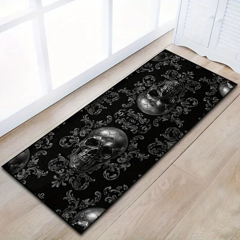 VIKAMA Black Skull Carpet Halloween Decoration Gothic Style Large Area Rugs Balcony Hallway Rug Kitchen Floor Rug Doormat