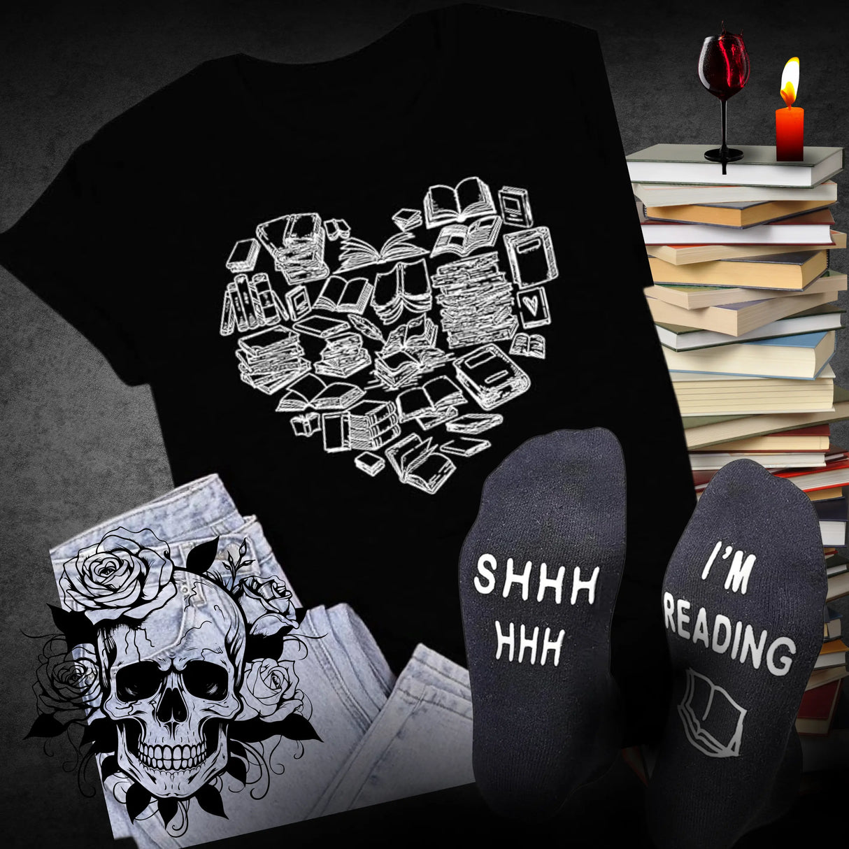 Dark Romance Book Box COZY Bundle: SOFT Socks, Tee, plus surprise bookish gift! Sock size 6-10 US womens. Tee size options at checkout. Selections vary. Dark Romance Crates