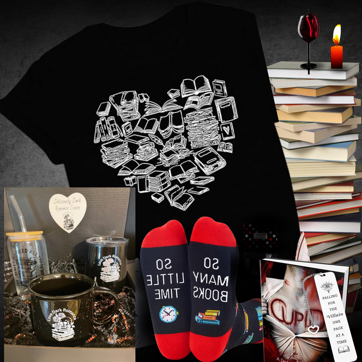 Cozy Up Merch Bundle: Dark Romance Tee, Socks, DrinkCup,  Book + Bookmark Bundle!