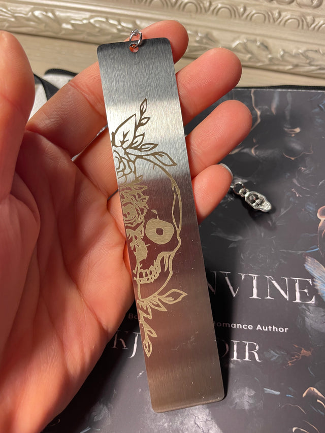 Dark Romance Gothic Fantasy Book Accessories: skull book sleeve, bookmark, dark romance stickers, signed book. *Combo pack includes one sleeve, bookmark, stickers, signed copy of dark fantasy, Moonvine.