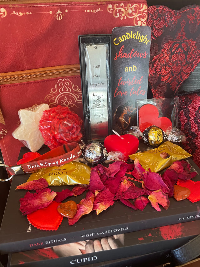 2) - LIMITED TIME - Valentines Luxury Dark Romance Book Box Gift Basket, including custom ceramic mug, book sleeve, luxury candles, bath rose petals, soap, chocolate, toys & more! Options at checkout.