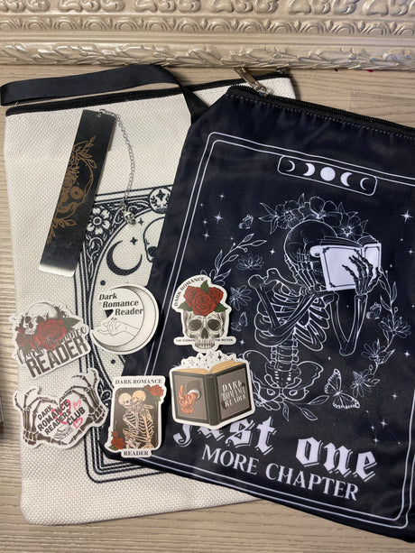 Dark Romance Gothic Fantasy Book Accessories: skull book sleeve, bookmark, dark romance stickers, signed book. *Combo pack includes one sleeve, bookmark, stickers, signed book.