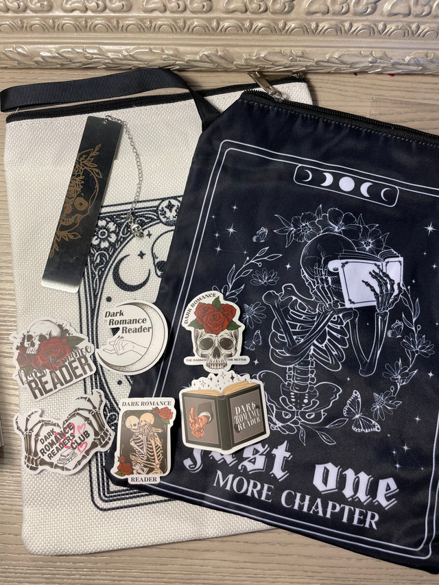 Dark Romance Gothic Fantasy Book Accessories: skull book sleeve, bookmark, dark romance stickers, signed book. *Combo pack includes one sleeve, bookmark, stickers, signed copy of dark fantasy, Moonvine.