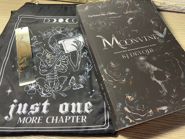 Dark Romance Gothic Fantasy Book Accessories: skull book sleeve, bookmark, dark romance stickers, signed book. *Combo pack includes one sleeve, bookmark, stickers, signed copy of dark fantasy, Moonvine.