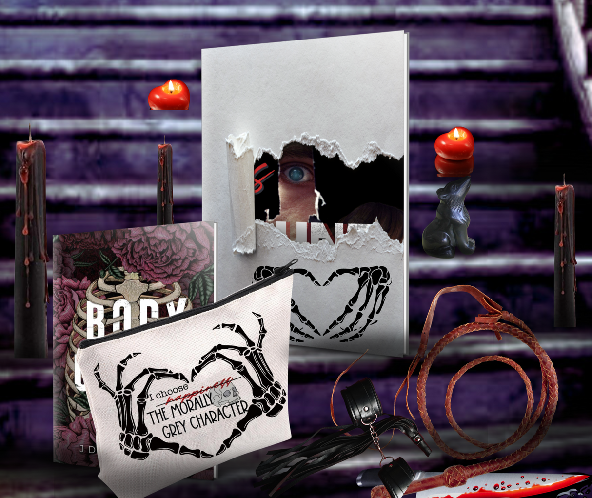 Erotic Horror Themed Crates: 1-2 books (size depending) + themed bookish merch  (see below for examples of merchandise) Subscribe & Save!