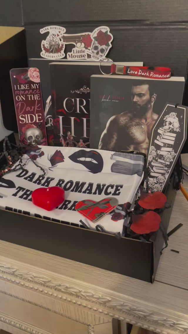 4) Dark Romance Variety Box. Expertly curated books + custom merch. Selections vary. Options at checkout. *you may let us know authors/books you've already read via checkout notes.