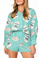 Queen of Sparkles Green & White Stripe Café Du Monde Icon Button Up Top